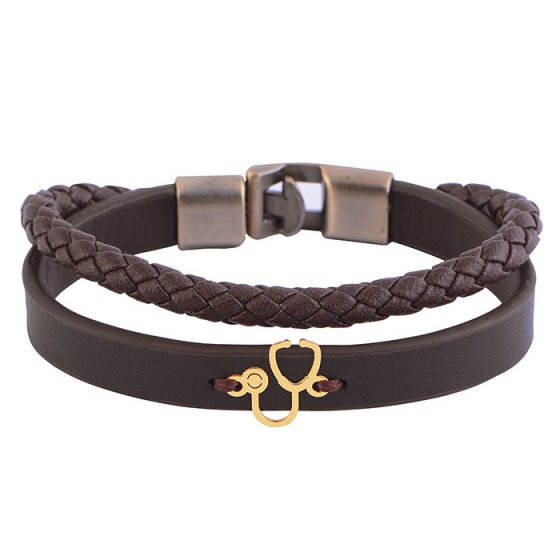 دستبند طلا چرم با پلاک طرح گوشی پزشکی