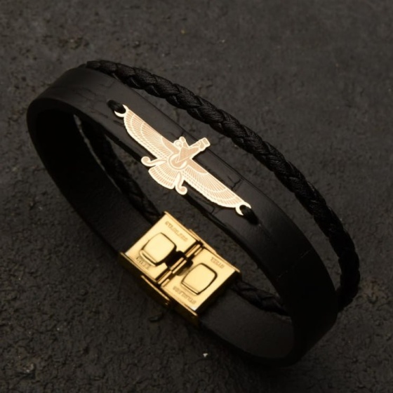 دستبند طلا چرم با پلاک طرح فروهر