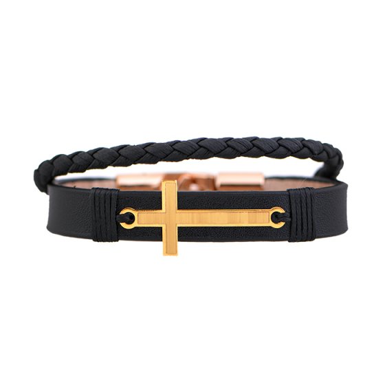 دستبند طلا چرم با پلاک صلیب