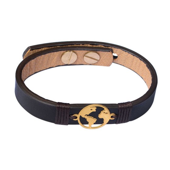 دستبند طلا چرم با پلاک طرح جهان