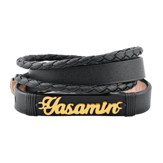 دستبند طلا چرم با پلاک اسم یاسمین