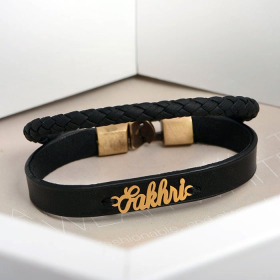 دستبند طلا چرم با پلاک اسم فخری